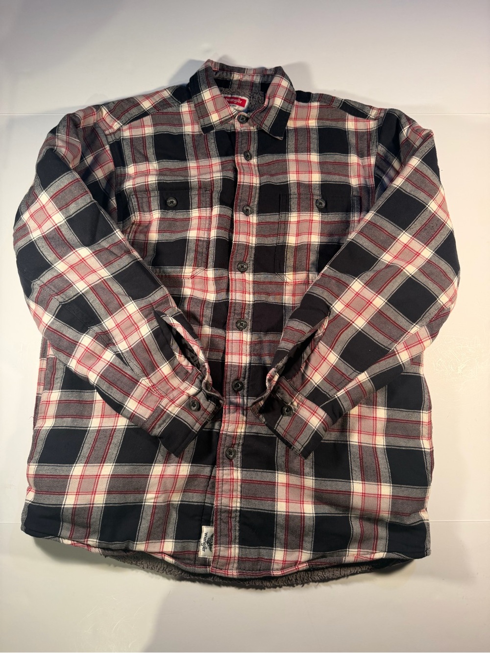Wrangler Men's Fleece Lined Plaid Button-Down Shirt Jacket - Black, White, Red S